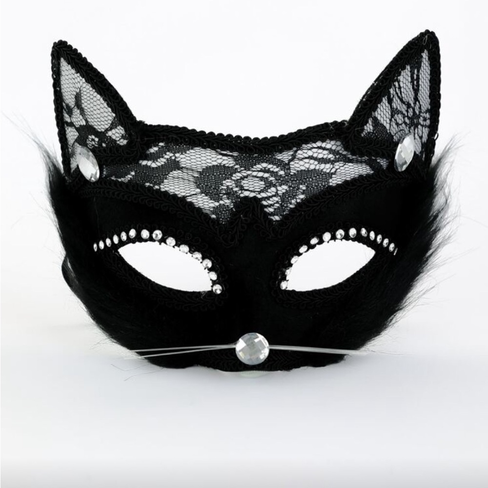 Black Cat Lace Mask with Rhinestones